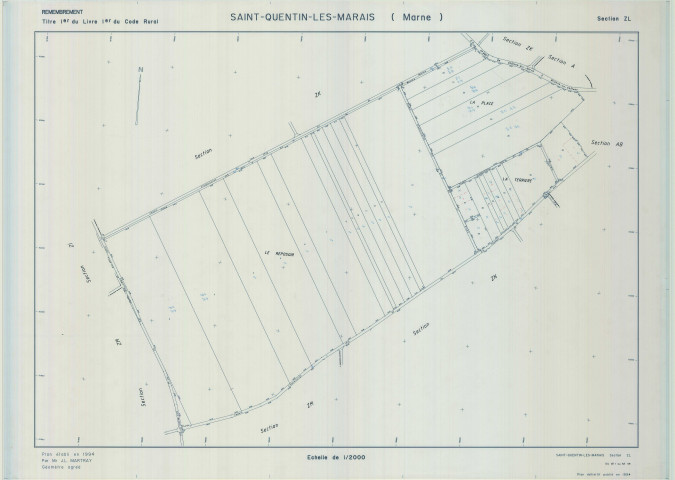 Saint-Quentin-les-Marais (51510). Section ZL échelle 1/2000, plan remembré pour 1994, plan régulier (calque)