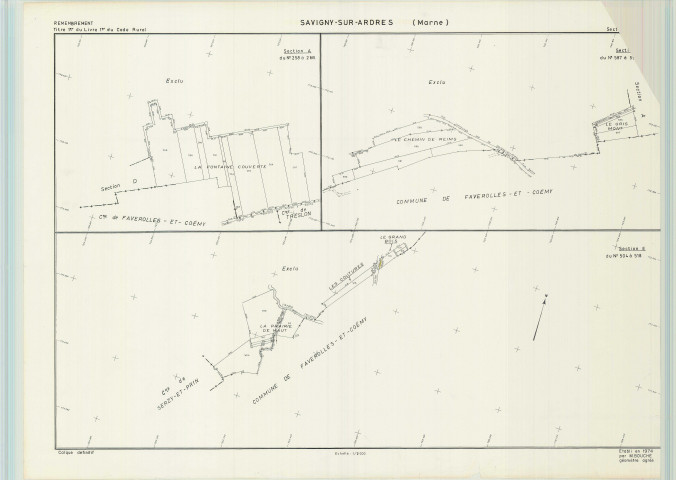 Savigny-sur-Ardres (51527). Section A E échelle 1/2000, plan remembré pour 1966, contient une extension sur Savigny-sur-Ardres E, plan régulier (papier).