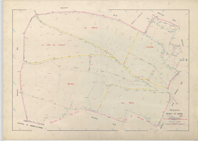 Bussy-le-Repos (51098). Section ZK échelle 1/2000, plan remembré pour 1968, plan régulier (papier armé)