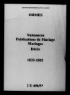 Ormes. Naissances, publications de mariage, mariages, décès 1833-1842