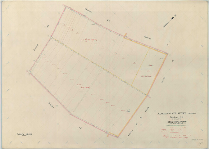 Jonchery-sur-Suippe (51307). Section ZD échelle 1/2000, plan remembré pour 1957, plan régulier (papier armé)