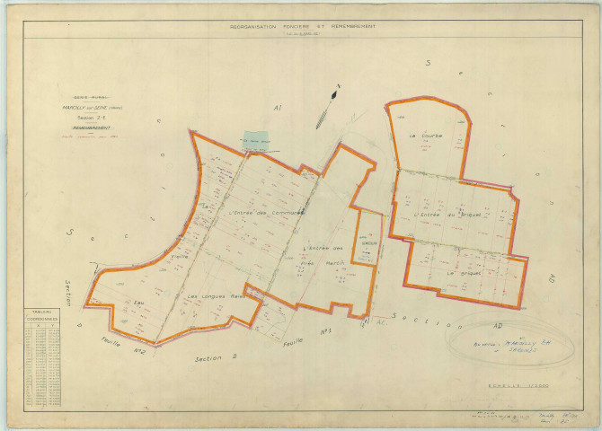 Marcilly-sur-Seine (51343). ZE ZH échelle 1/2000, plan remembré pour 01/01/1963, régulier avant 20/03/1980. Contient au verso la section ZH de Marcilly et la ZS de Saron-sur-Aube (papier armé)
