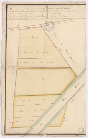 Plan de plusieurs pièces de terre situées au terroir de Dizy, lieudit prés le pont d'Epernay, appartenant aux habitants de Dizy et Champillon, XVIIIè s.
