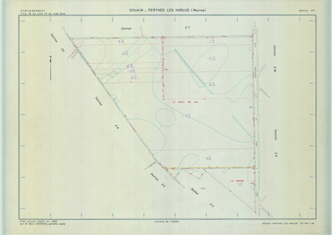 Souain-Perthes-lès-Hurlus (51553). Section ZP échelle 1/2000, plan remembré pour 1986, plan régulier (calque)