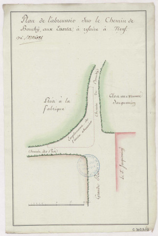 Plan de l'abreuvoir sur le chemin de Bouchÿ aux Essart à refaire à neuf, XVIIIè s.