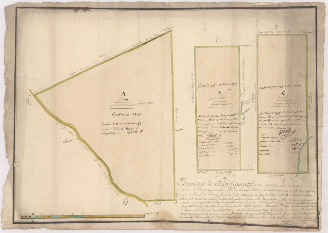 Arpentage et plan figuratif des trois cantons de bois dépendants de la grurie de Vienne le Chatel appartenant à Madame de Lorainne Delbeuf, an 2.