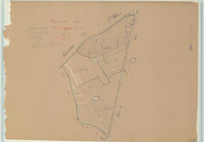 Gigny-Bussy (51270). Bussy-aux-Bois (51096). Section A1 échelle 1/2000, plan mis à jour pour 1955 (ancienne commune de Bussy-aux-Bois (51096), plan non régulier (papier)