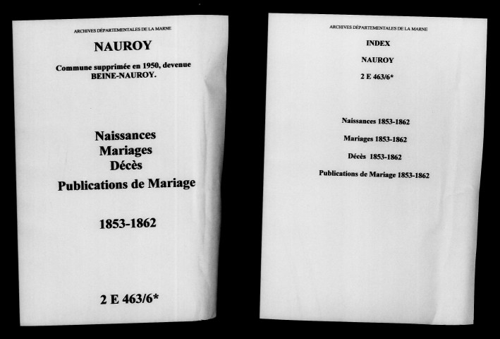 Nauroy. Naissances, mariages, décès, publications de mariage 1853-1862