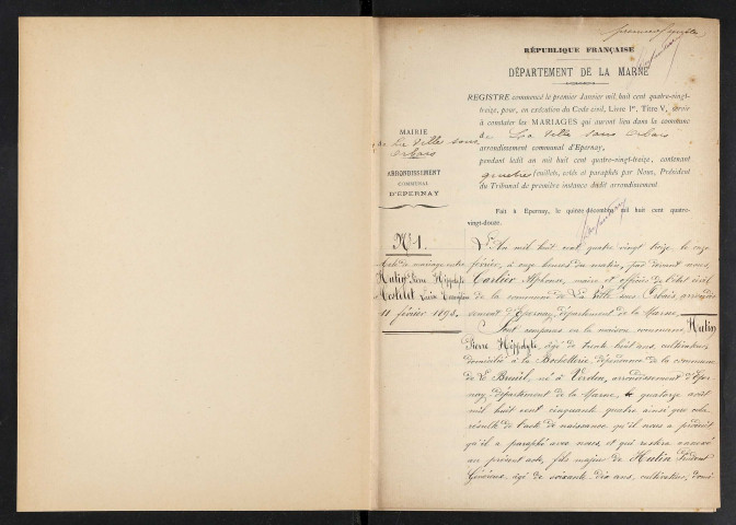 Ville-sous-Orbais (La). Mariages 1893-1929