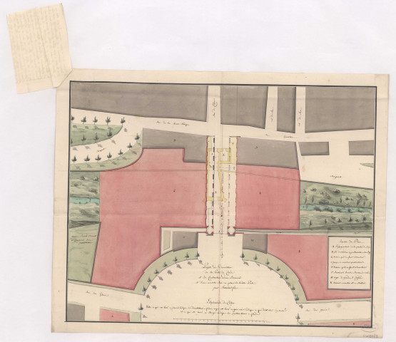 RN 51. Plan des abords de la porte Cérés à Reims. Projet de démolition de la porte de Cérès et de construction d'une barrière et d'une nouvelle rue en place de ladite Porte par Serrurier fils, 1792-1798.