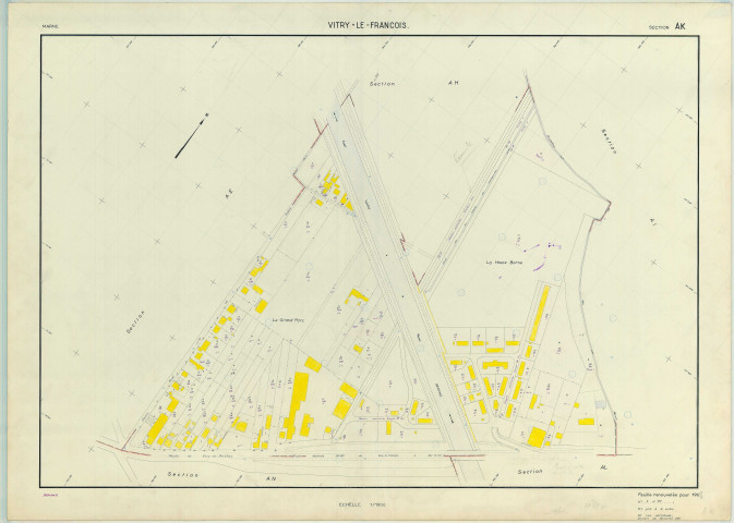 Vitry-le-François (51649). Section AK échelle 1/1000, plan renouvelé pour 1968, plan régulier (papier armé)