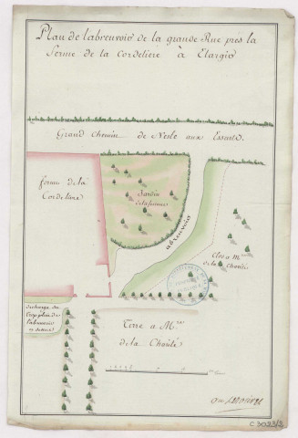 Plan de l'abreuvoir de la grande rue près la ferme de la Cordelière à élargir, XVIIIè s.
