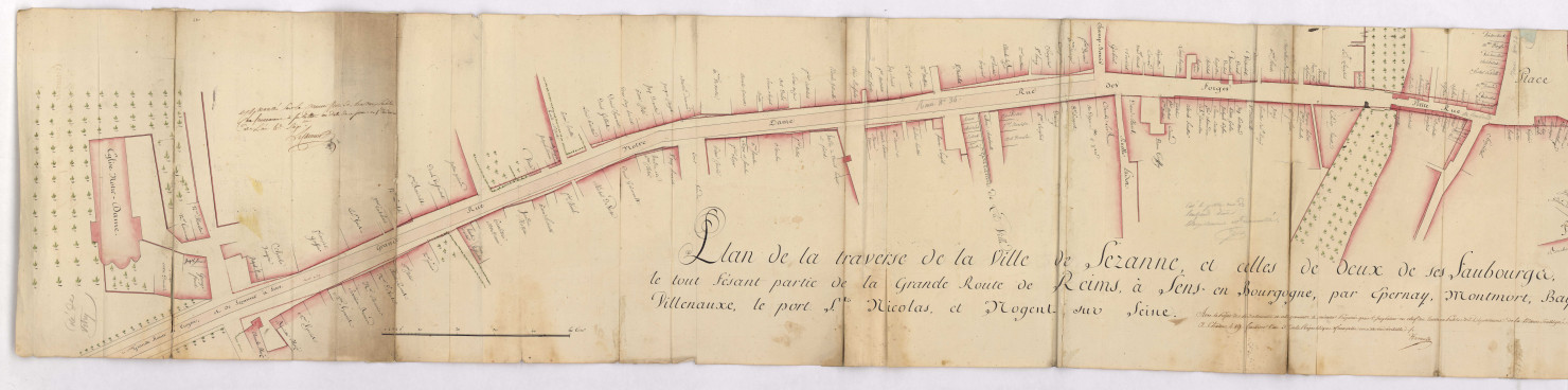 RN 51. Plan de la traverse de Sézanne du faubourg de Notre Dame à la route de Reims par Epernay par Hurault, 1796.