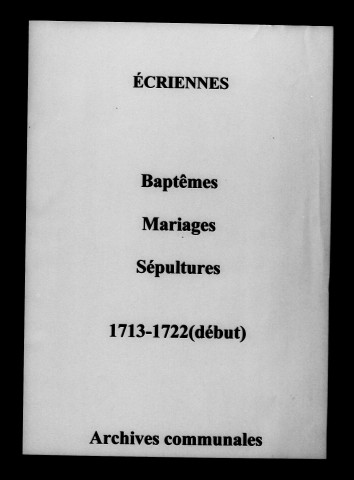 Écriennes. Baptêmes, mariages, sépultures 1713-1722