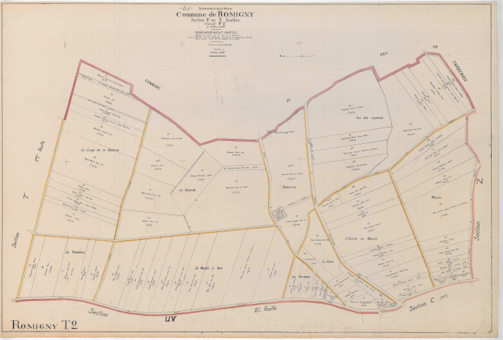 Romigny (51466). Section T2 2 échelle 1/2000, plan remembré pour 1927, plan régulier (papier).