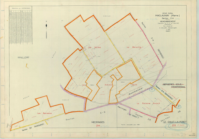 Montmirail (51380). Section ZA 2 échelle 1/2000, plan remembré pour 01/01/1968, régulier avant 20/03/1980. Ancien plan de Maclaunayy (51335) Contient ZA de Mécringes et une partie de la ZS de Le Gault-la-Forêt (papier armé)