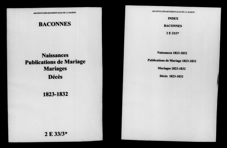Baconnes. Naissances, publications de mariage, mariages, décès 1823-1832