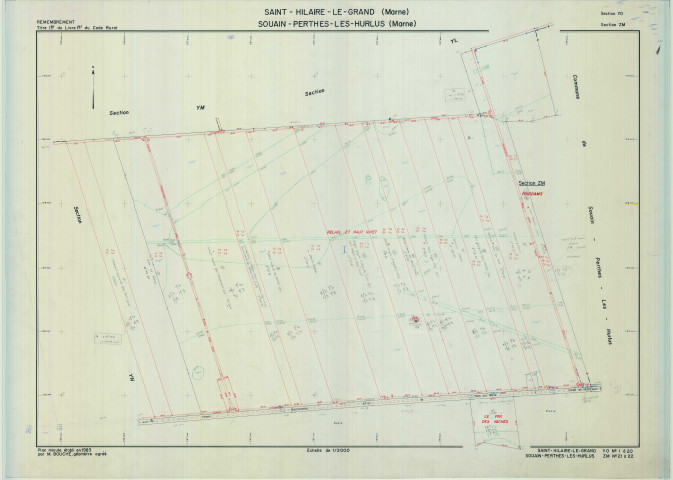 Saint-Hilaire-le-Grand (51486). Section YO échelle 1/2000, plan remembré pour 1983 (extension sur Souain-Perthes-les-Hurlus section ZM), plan régulier (calque)