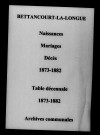 Bettancourt-la-Longue. Naissances, mariages, décès et tables décennales des naissances, mariages, décès 1873-1882