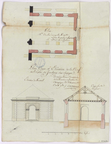 Plan coupe et élévation de la nef de l'église de Jonchery-sur-Suippe, XVIIIè s.