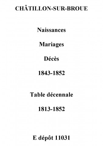 Châtillon-sur-Broué. Naissances, mariages, décès et tables décennales des naissances, mariages, décès 1813-1852
