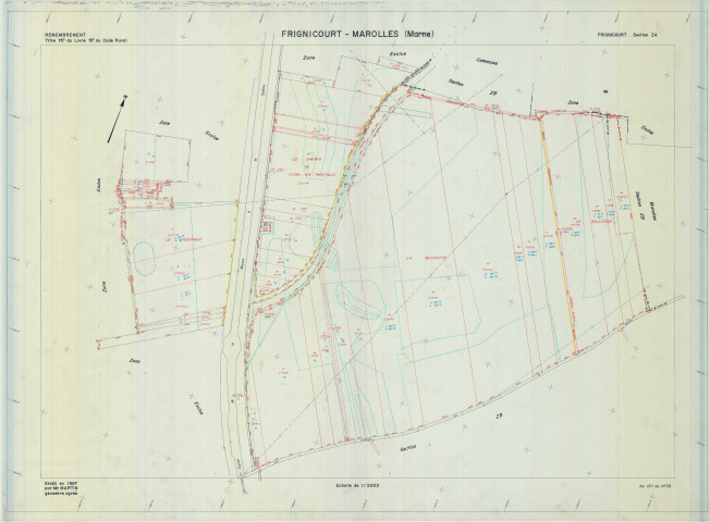 Frignicourt (51262). Section ZA échelle 1/2000, plan remembré pour 1987 (remembrement Frignicourt-Marolles), plan régulier (calque)