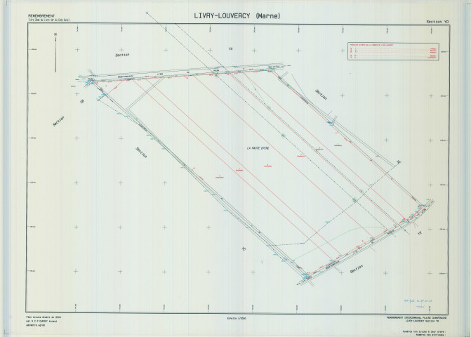 Livry-Louvercy (51326). Section YD échelle 1/2000, plan remembré pour 2004 (remembrement intercommunal de la Plaine Champenoise), plan régulier (calque)