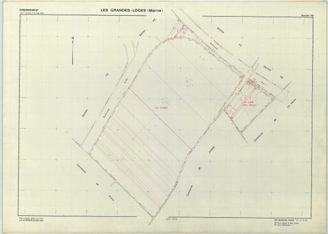 Grandes-Loges (Les) (51278). Section YD échelle 1/2000, plan remembré pour 1977, plan régulier (papier armé)