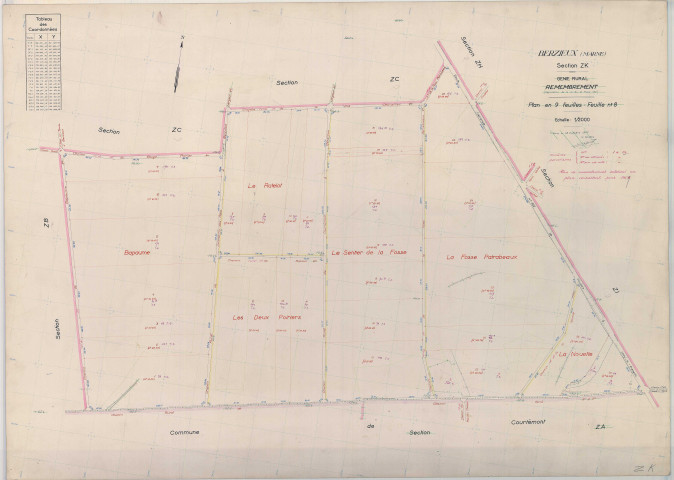 Berzieux (51053). Section ZK échelle 1/2000, plan remembré pour 1959, plan régulier (papier armé)