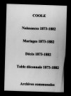 Coole. Naissances, mariages, décès et tables décennales des naissances, mariages, décès 1873-1882