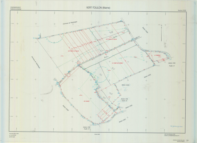 Vert-Toulon (51611). Section ZE échelle 1/2000, plan remembré pour 1954, plan régulier (papier armé)