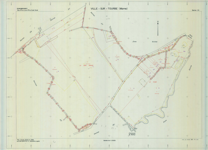 Ville-sur-Tourbe (51640). Section ZD échelle 1/2000, plan remembré pour 1986, plan régulier (calque)