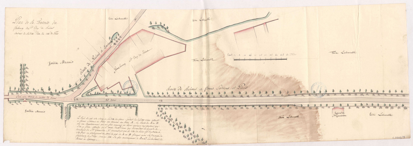 Plan de la traverse du faubourg de St Eloy de Reims sortant de la ditte ville du côté de Paris, XVIIIè s.
