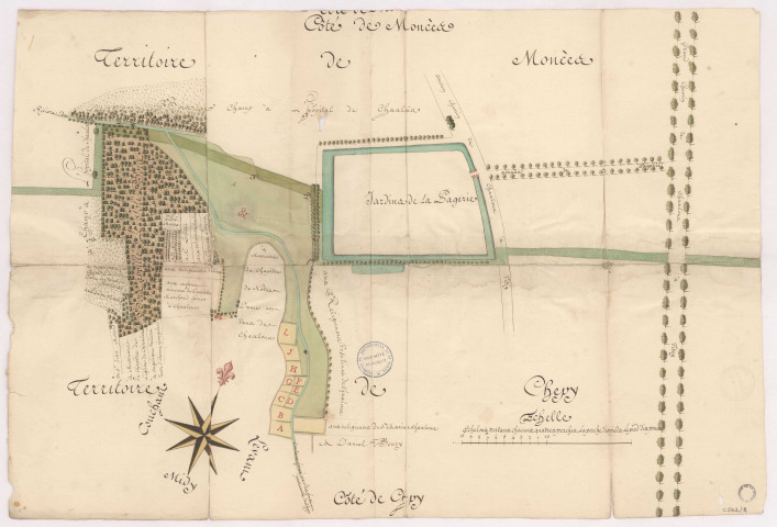 Procès-verbal de bornage et plan des limites des terroirs de Chepy et de Moncetz, 1776.
