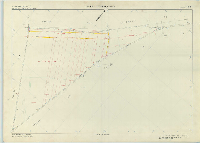 Livry-Louvercy (51326). Section ZT échelle 1/2000, plan remembré pour 1968, plan régulier (papier armé)