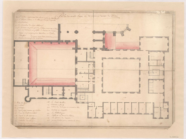 Abbaye de Huiron.Plan du second étage ou du nouveau dortoir de Huiron, 1714.