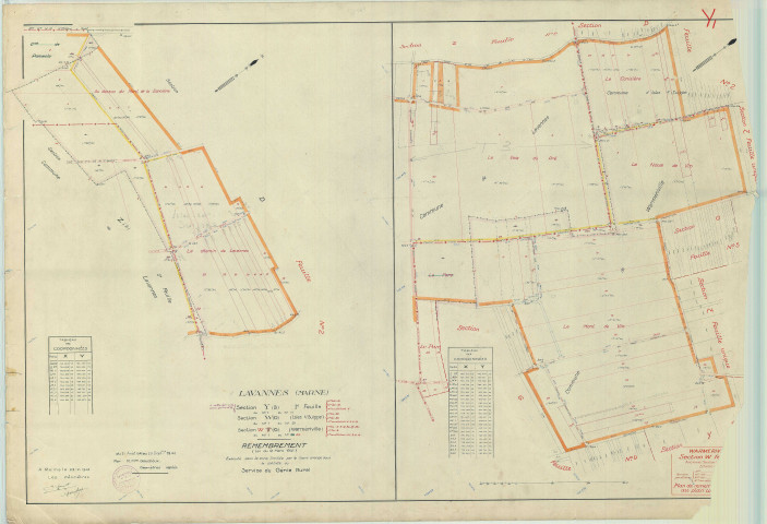 Lavannes (51318). Section Y1 1 échelle 1/2000, plan remembré pour 1950, plan régulier (papier).