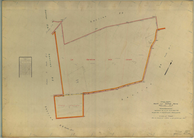 Mairy-sur-Marne (51339). Section ZE échelle 1/2000, plan remembré pour 1956, plan régulier (papier armé)