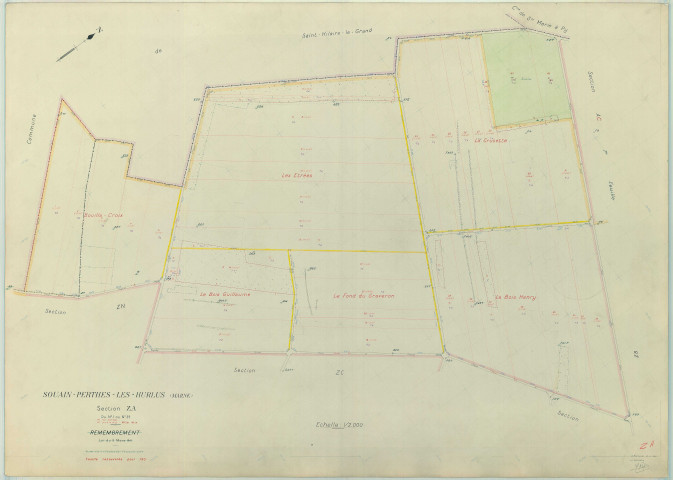 Souain-Perthes-lès-Hurlus (51553). Section ZA échelle 1/2000, plan remembré pour 1956, plan régulier (papier armé)
