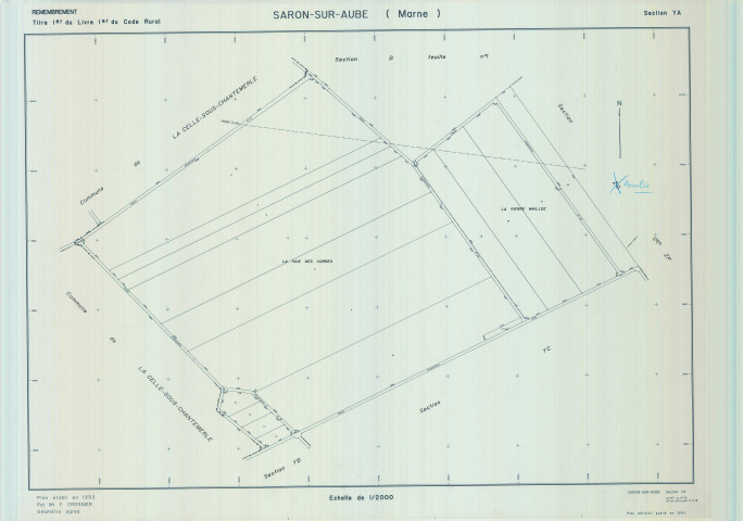 Saron-sur-Aube (51524). Section YA échelle 1/2000, plan remembré pour 01/01/1993, plan régulier de qualité P5 (calque)