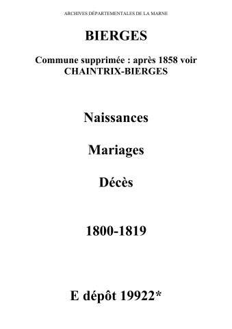 Bierges. Naissances, mariages, décès 1800-1819