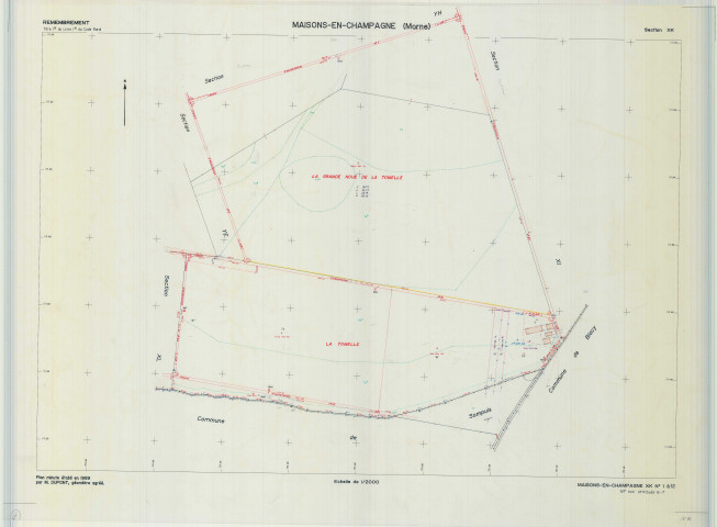 Maisons-en-Champagne (51340). Section XK échelle 1/2000, plan remembré pour 1989, plan régulier (calque)