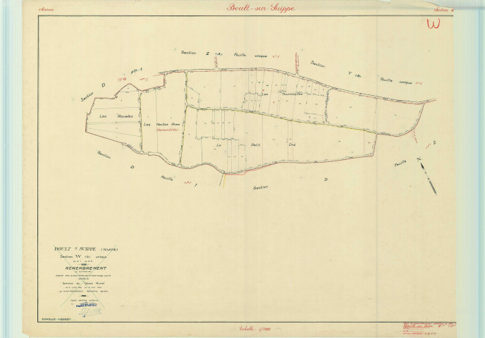 Boult-sur-Suippe (51074). Section W1 échelle 1/2000, plan remembré pour 1953, plan régulier (papier).