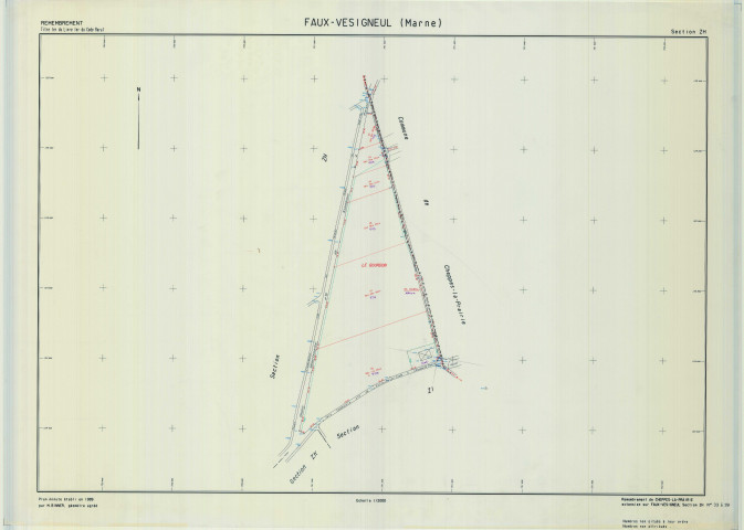 Faux-Vésigneul (51244). Section 244 ZH échelle 1/2000, plan remembré pour 1989 (remembrement de Cheppes-la-prairie), plan régulier (calque)