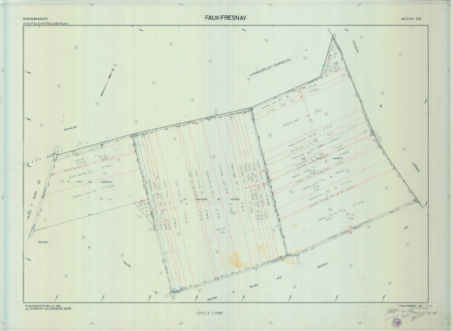 Faux-Fresnay (51243). Section ZB échelle 1/2000, plan remembré pour 01/01/1983, plan régulier de qualité P5 (calque)