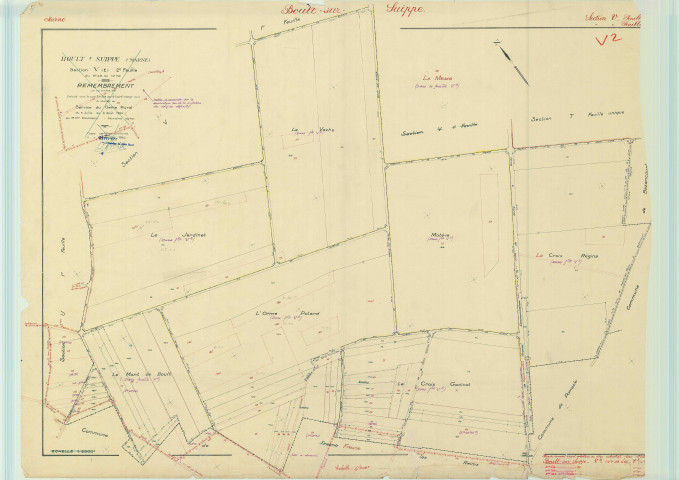 Boult-sur-Suippe (51074). Section V2 échelle 1/2000, plan remembré pour 1953, plan régulier (papier).
