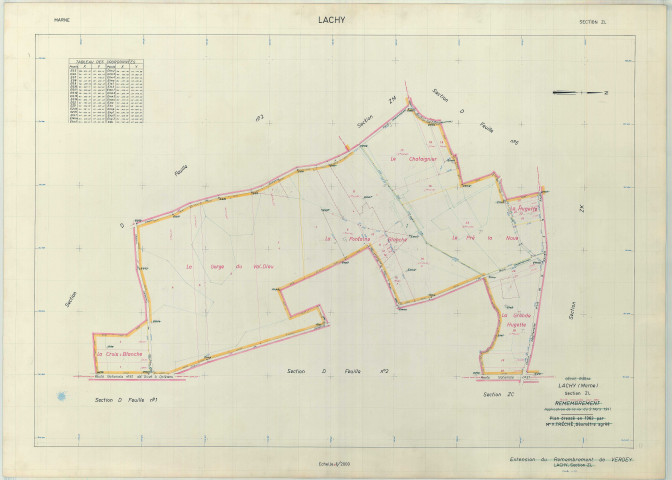 Lachy (51313). Section ZL échelle 1/2000, plan remembré pour 01/01/1968, régulier avant 20/03/1980 (papier armé)