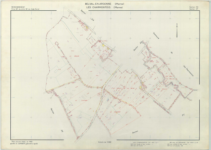 Belval-en-Argonne (51047). Section ZB échelle 1/2000, plan remembré pour 1983 (extension sur les Charmontois ZP), plan régulier (papier armé)