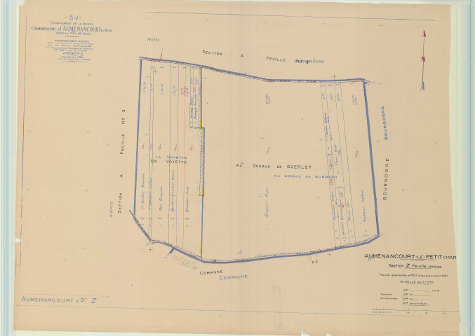 Auménancourt (51025). Section Z1 2 échelle 1/1250, plan mis à jour pour 1959, ancienne commune Aumenancourt le petit (51026), plan non régulier (papier).