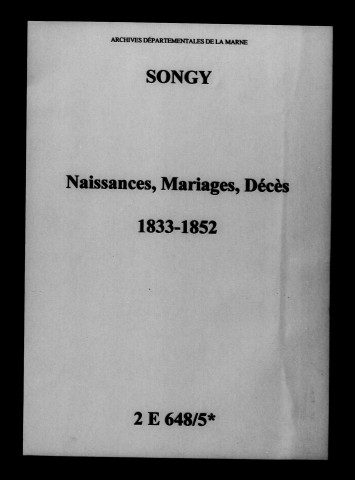 Songy. Naissances, mariages, décès 1833-1852